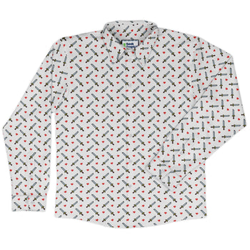 Sword and Hearts Video Game Long Sleeve Button Up Shirt Geek Nerd adult sizing Design by Heather Davenport FLOW DESC WRITING