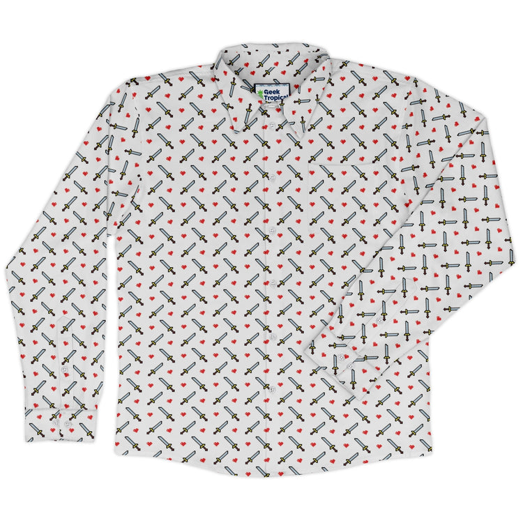 Sword and Hearts Video Game Long Sleeve Button Up Shirt Geek Nerd adult sizing Design by Heather Davenport FLOW DESC WRITING