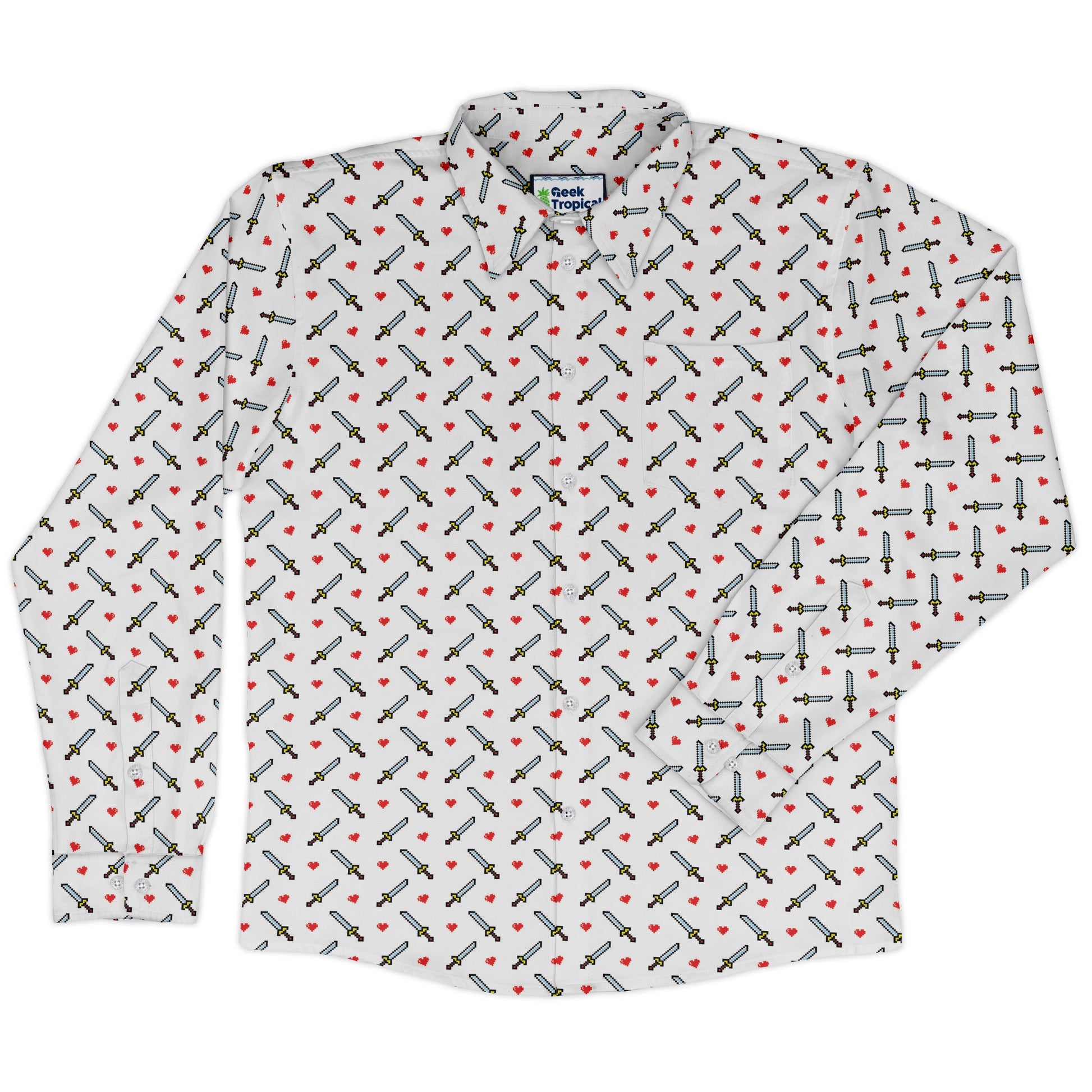 Sword and Hearts Video Game Long Sleeve Button Up Shirt