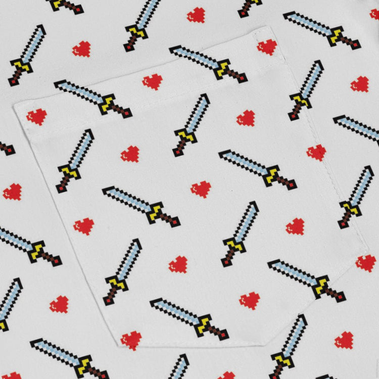 Sword and Hearts Video Game Long Sleeve Button Up Shirt Geek Nerd adult sizing Design by Heather Davenport FLOW DESC WRITING