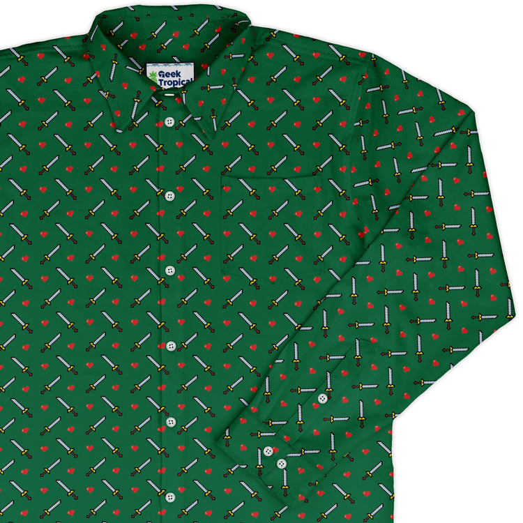 Sword and hearts video game green Long Sleeve Button Up Shirt Geek Nerd adult sizing Design by Heather Davenport video game arcade print