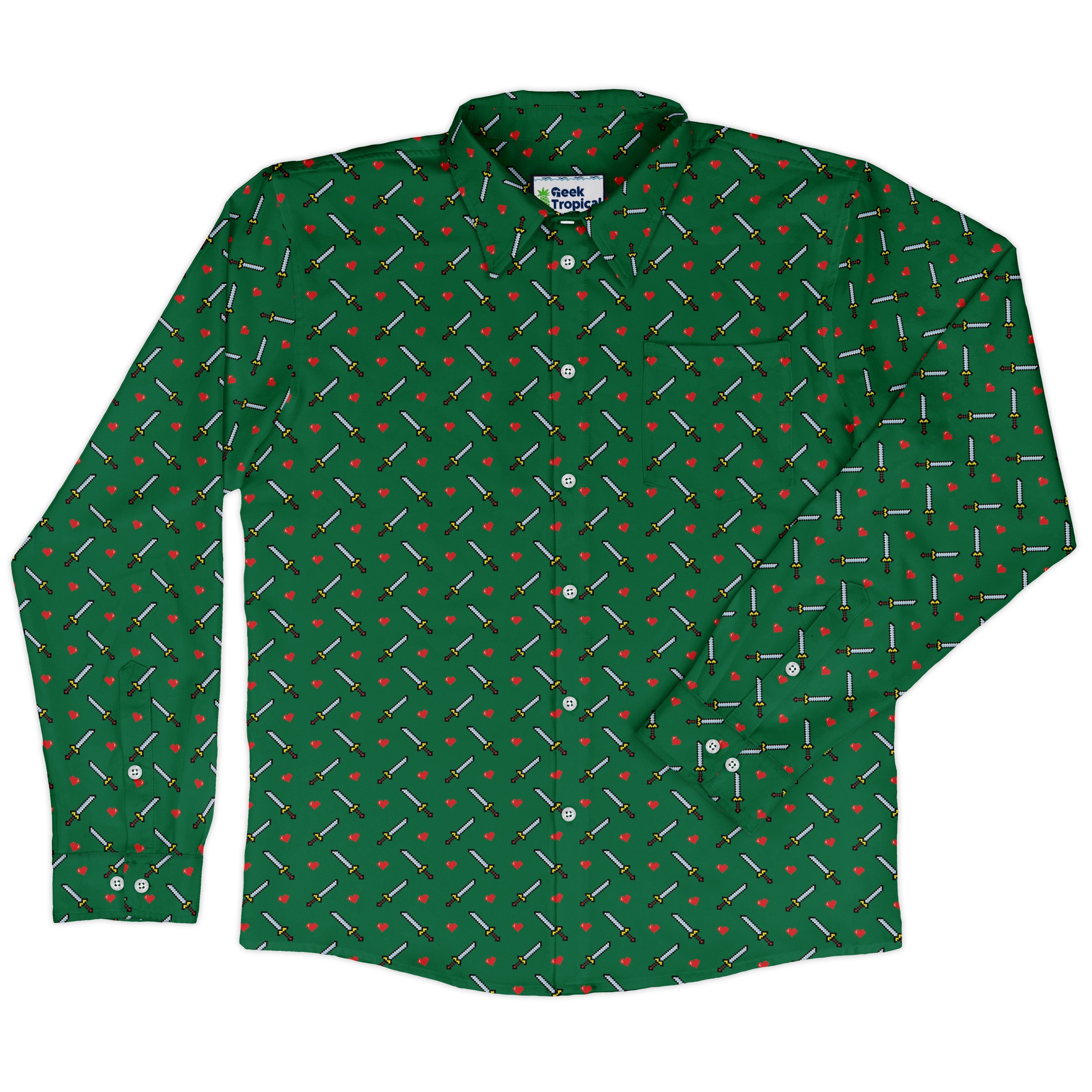 Sword and hearts video game green Long Sleeve Button Up Shirt
