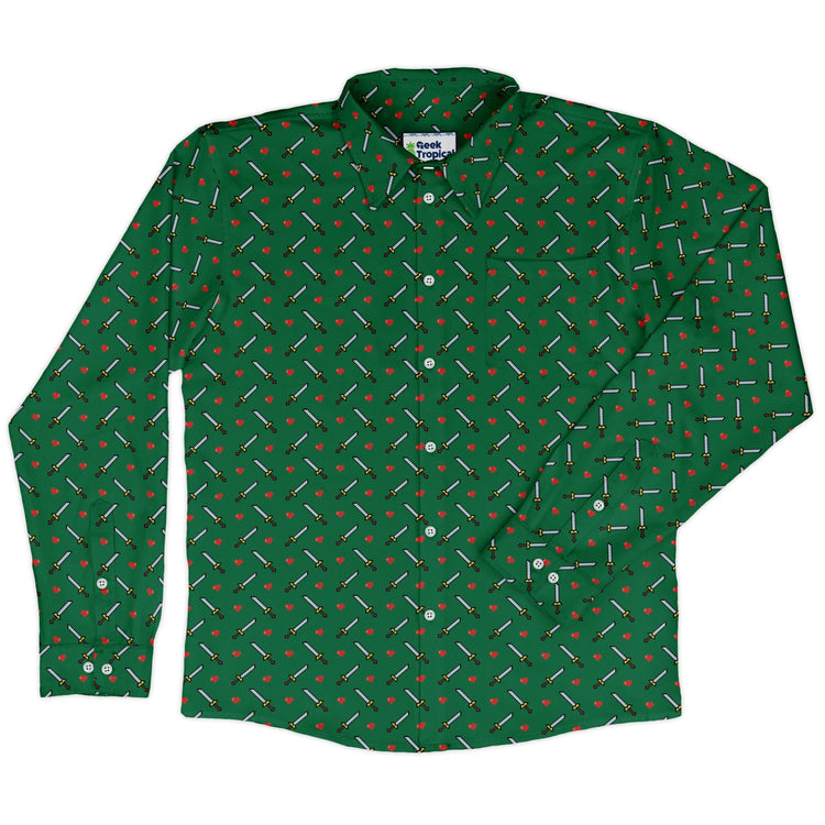 Sword and hearts video game green Long Sleeve Button Up Shirt Geek Nerd adult sizing Design by Heather Davenport video game arcade print