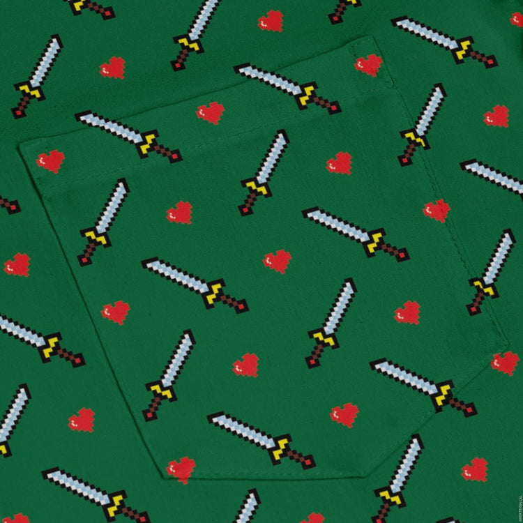 Sword and hearts video game green Long Sleeve Button Up Shirt Geek Nerd adult sizing Design by Heather Davenport video game arcade print