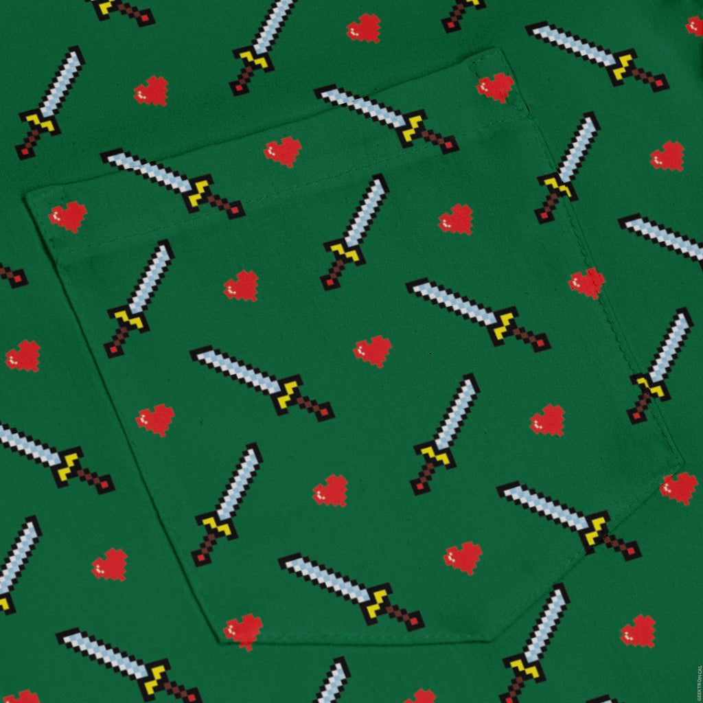 Sword and hearts video game green Long Sleeve Button Up Shirt