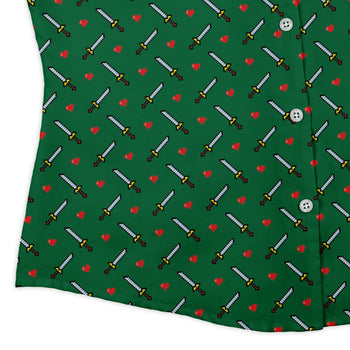 Sword and hearts video game green Curvy Button Up Shirt Geek Nerd Design by Heather Davenport video game arcade print women