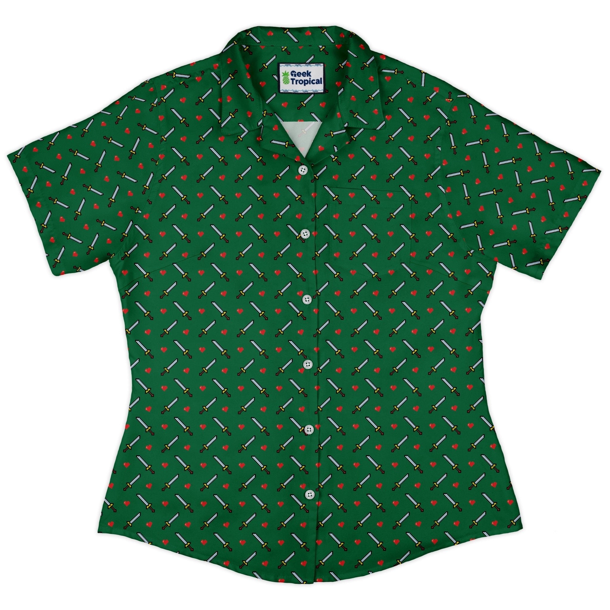 Sword and hearts video game green Curvy Button Up Shirt Geek Nerd Design by Heather Davenport video game arcade print women