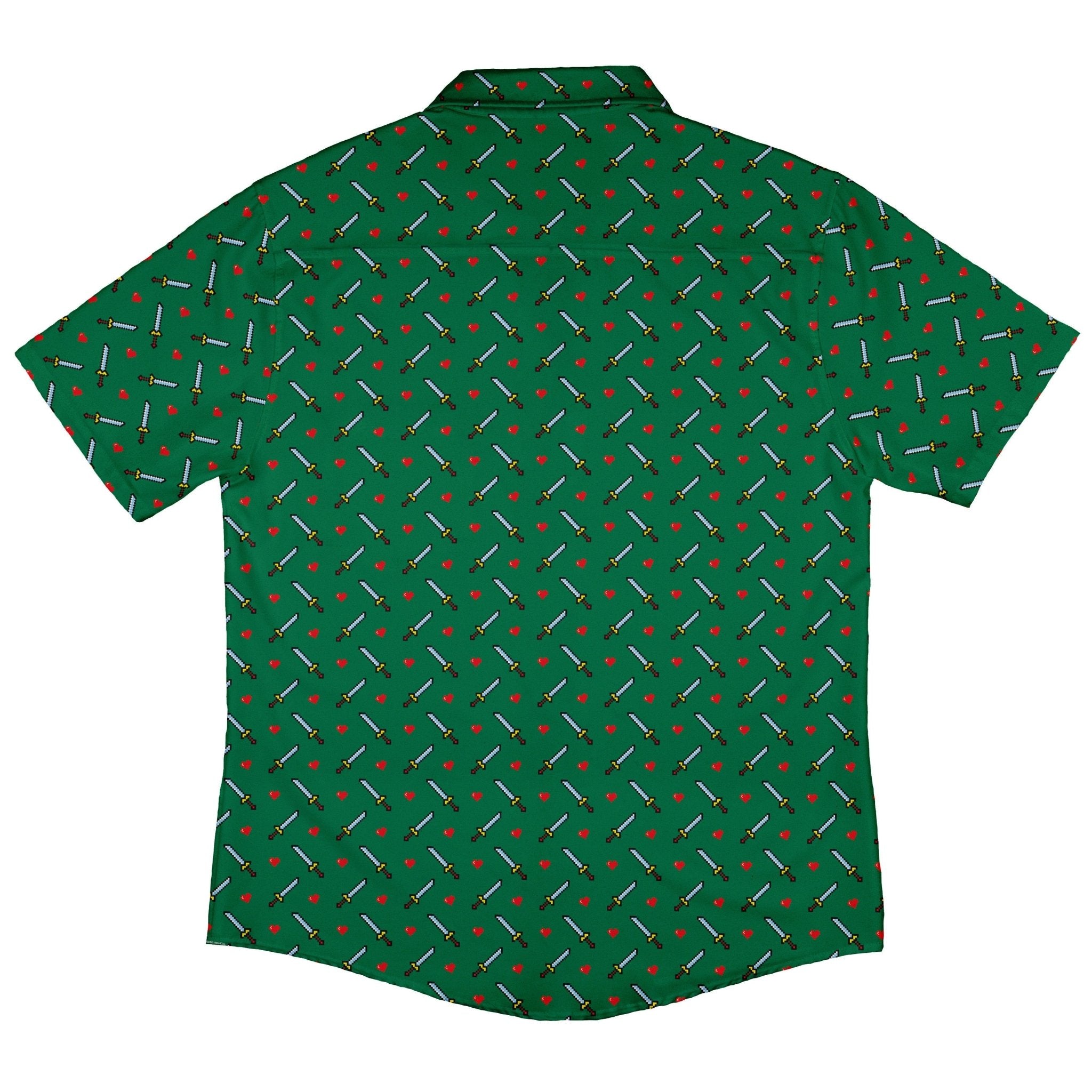 Sword and Hearts Video Game Green Button Up Shirt - adult sizing - Design by Heather Davenport - video game arcade print