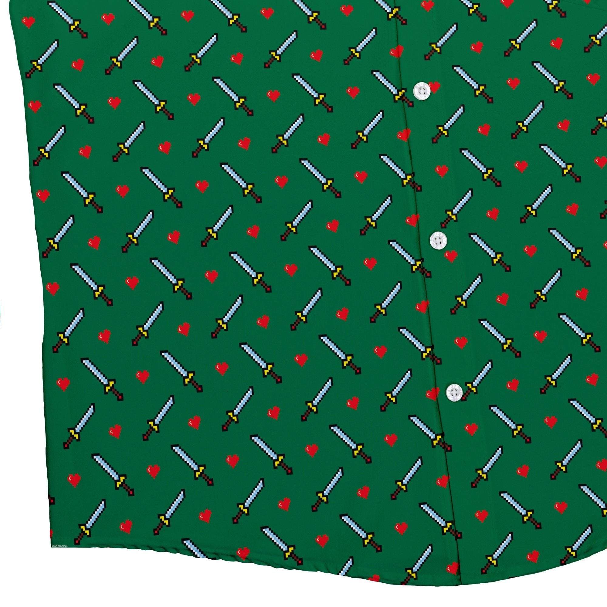 Sword and Hearts Video Game Green Button Up Shirt - adult sizing - Design by Heather Davenport - video game arcade print