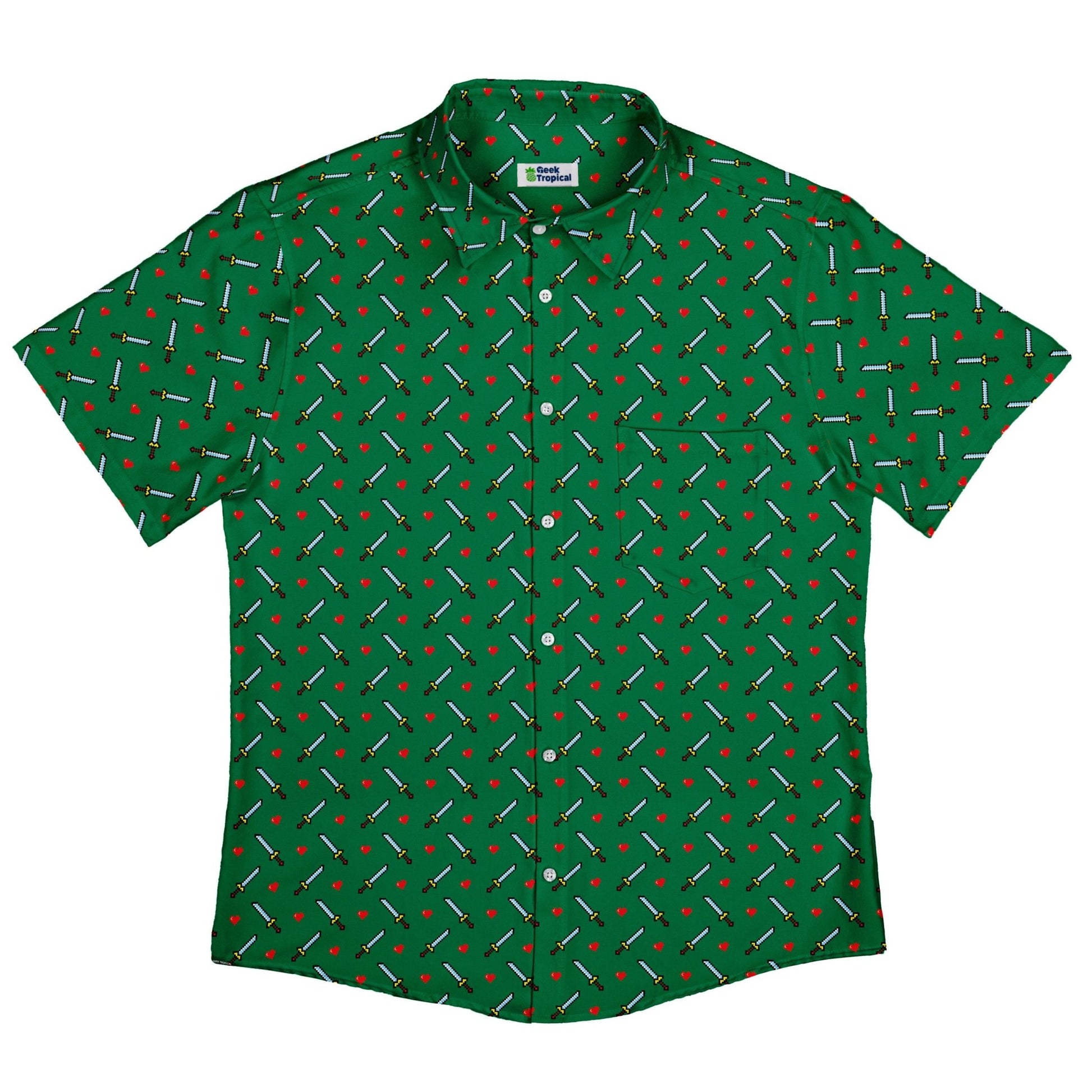 Sword and Hearts Video Game Green Button Up Shirt - adult sizing - Design by Heather Davenport - video game arcade print