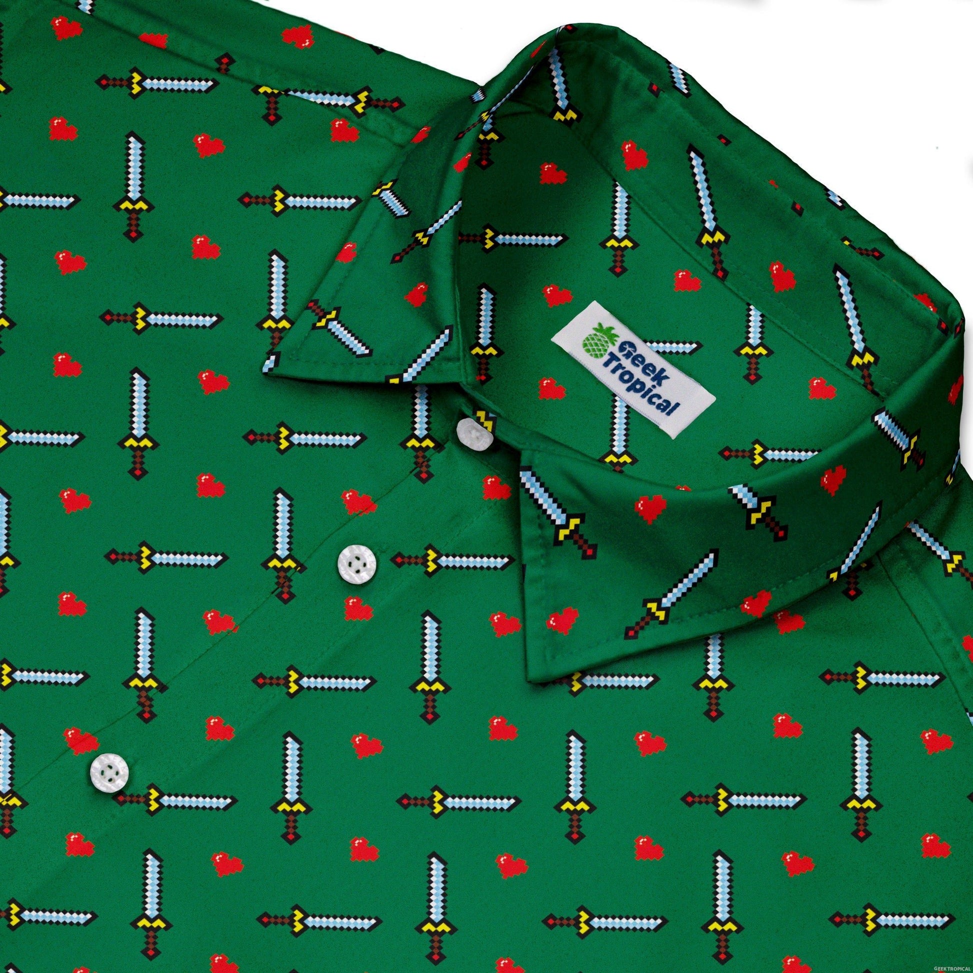 Sword and Hearts Video Game Green Button Up Shirt - adult sizing - Design by Heather Davenport - video game arcade print