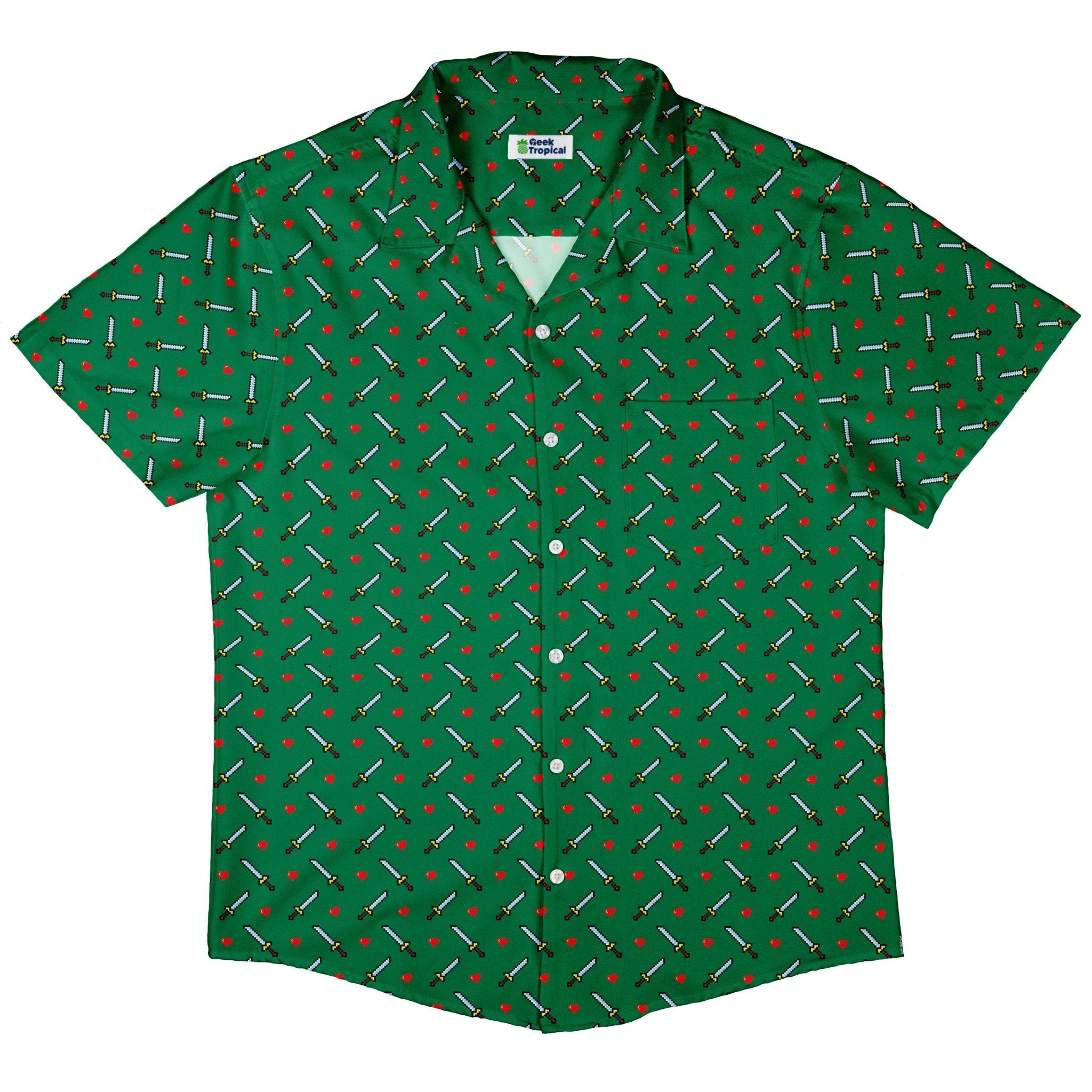 Sword and Hearts Video Game Green Button Up Shirt - adult sizing - Design by Heather Davenport - video game arcade print