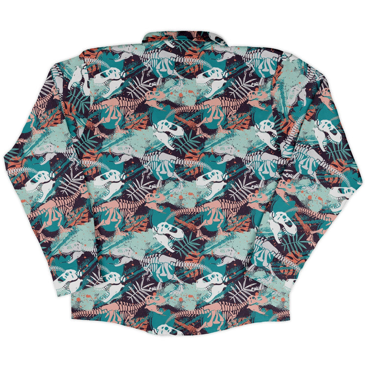 T - Rex Bones Footprints Green Dinosaur Long Sleeve Button Up Shirt Geek Nerd adult sizing dinosaur print FLOW DESC WRITING