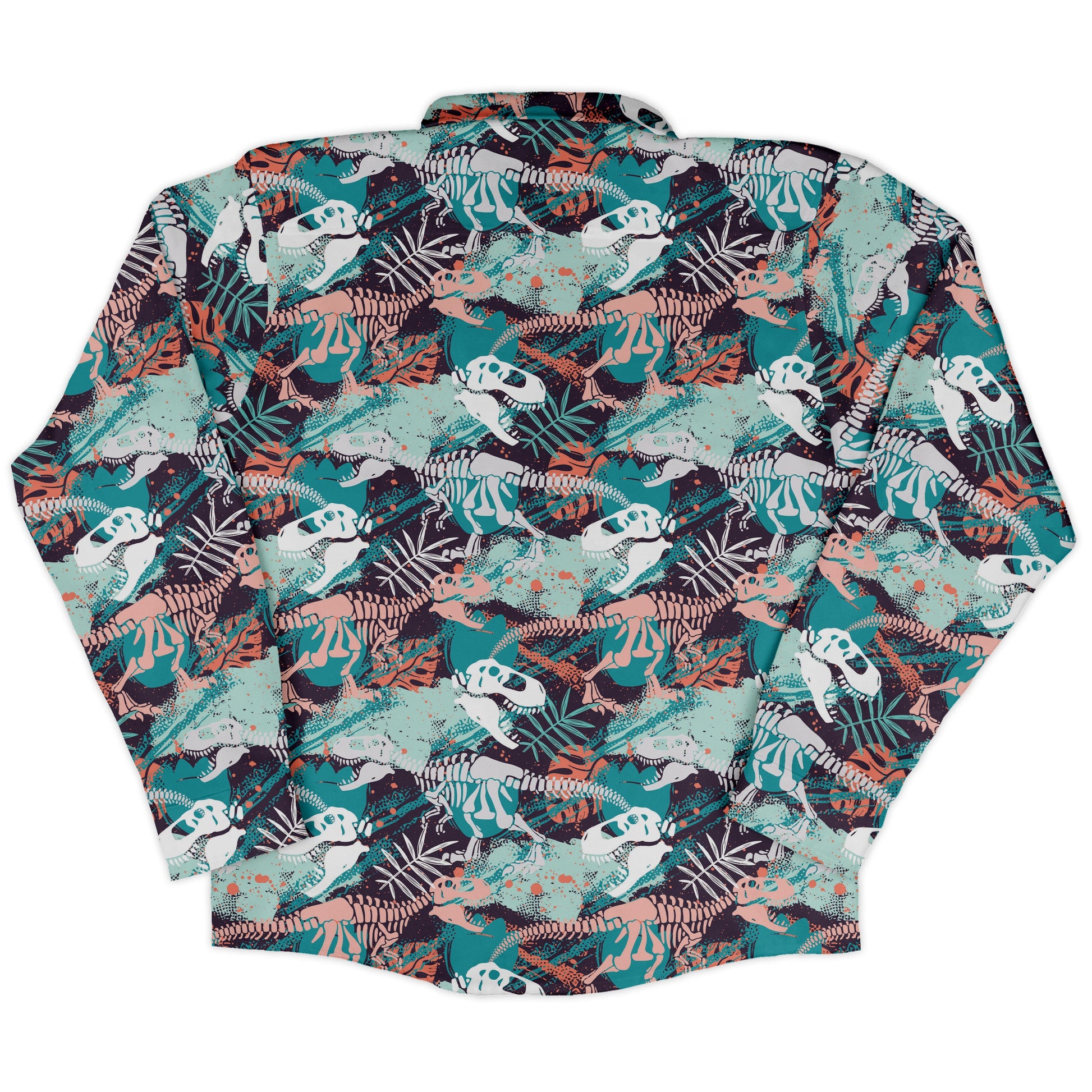 T-Rex Bones Footprints Green Dinosaur Long Sleeve Button Up Shirt