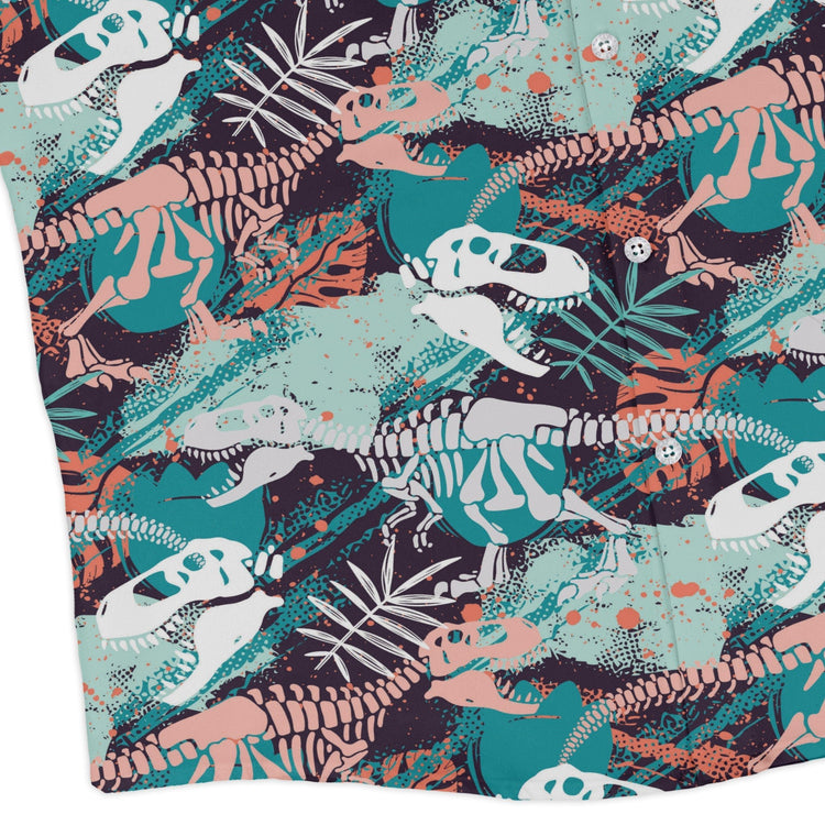 T - Rex Bones Footprints Green Dinosaur Long Sleeve Button Up Shirt Geek Nerd adult sizing dinosaur print FLOW DESC WRITING