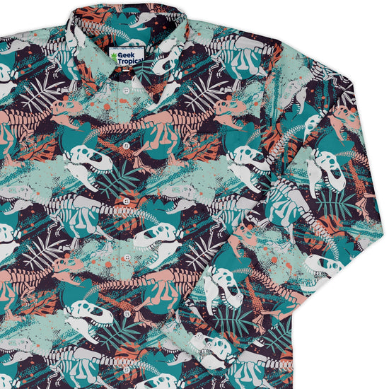 T - Rex Bones Footprints Green Dinosaur Long Sleeve Button Up Shirt Geek Nerd adult sizing dinosaur print FLOW DESC WRITING