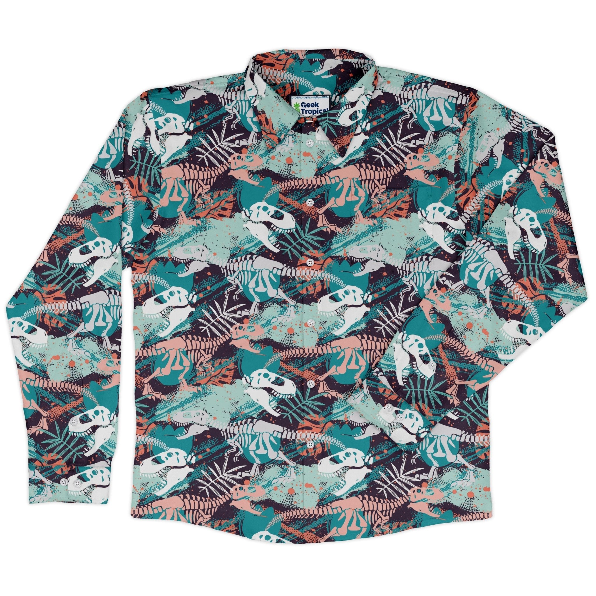 T - Rex Bones Footprints Green Dinosaur Long Sleeve Button Up Shirt Geek Nerd adult sizing dinosaur print FLOW DESC WRITING