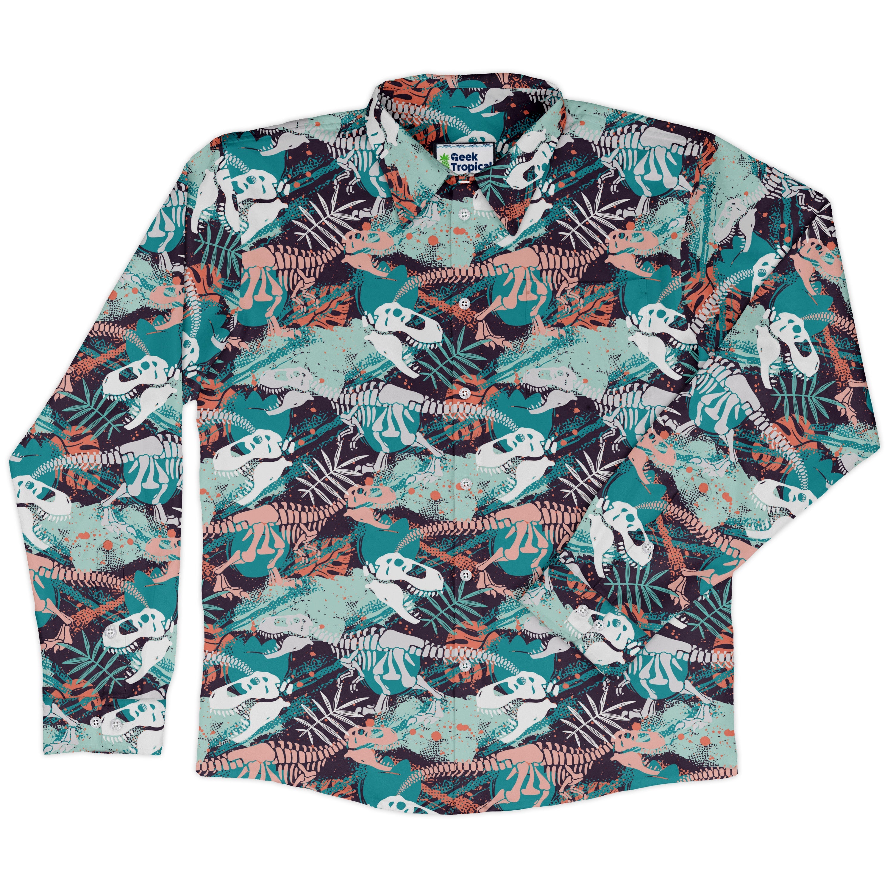 T-Rex Bones Footprints Green Dinosaur Long Sleeve Button Up Shirt