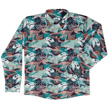 T - Rex Bones Footprints Green Dinosaur Long Sleeve Button Up Shirt Geek Nerd adult sizing dinosaur print FLOW DESC WRITING