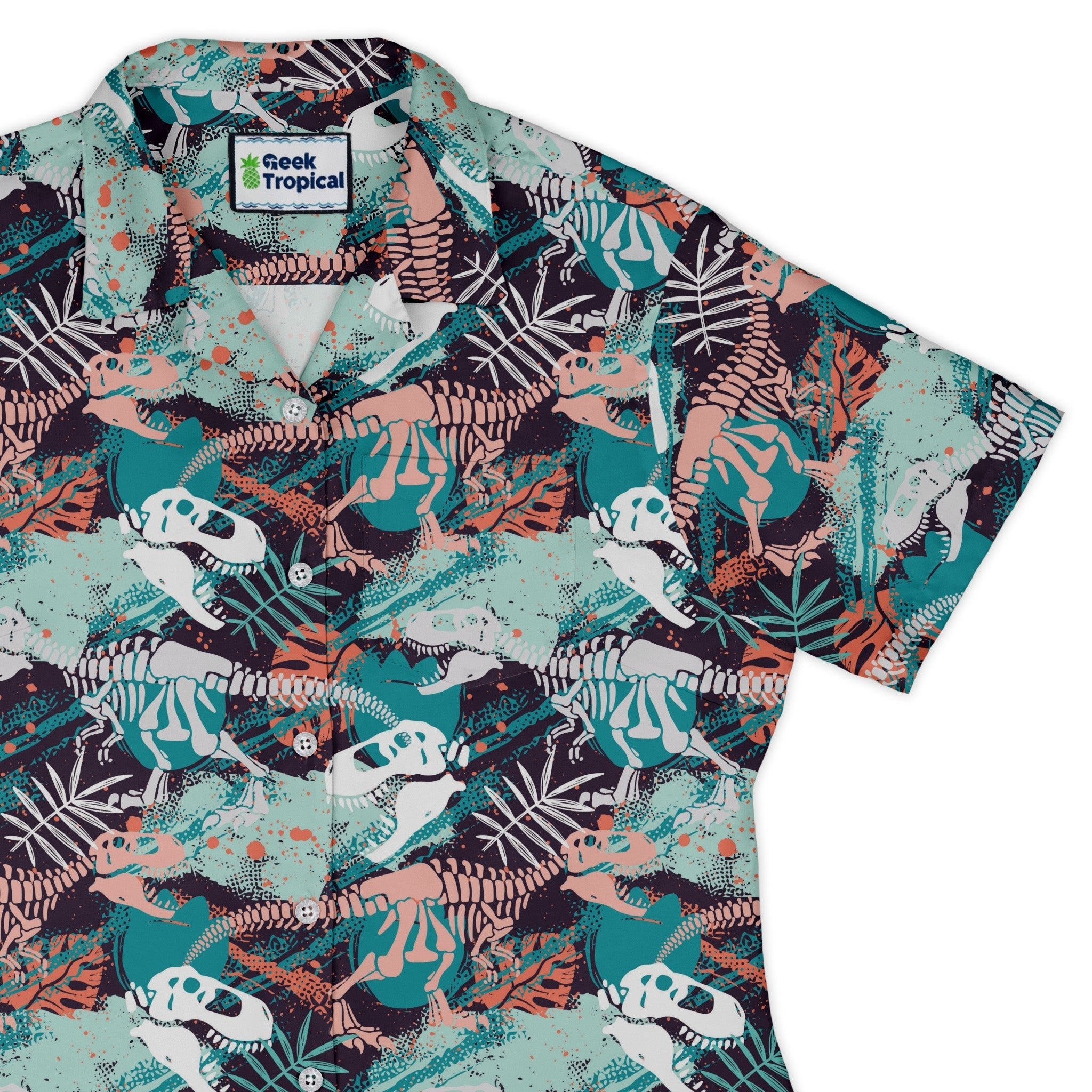 T - Rex Bones Footprints Green Dinosaur Curvy Button Up Shirt Geek Nerd dinosaur print Maximalist Patterns Tropical Hawaiian Patterns