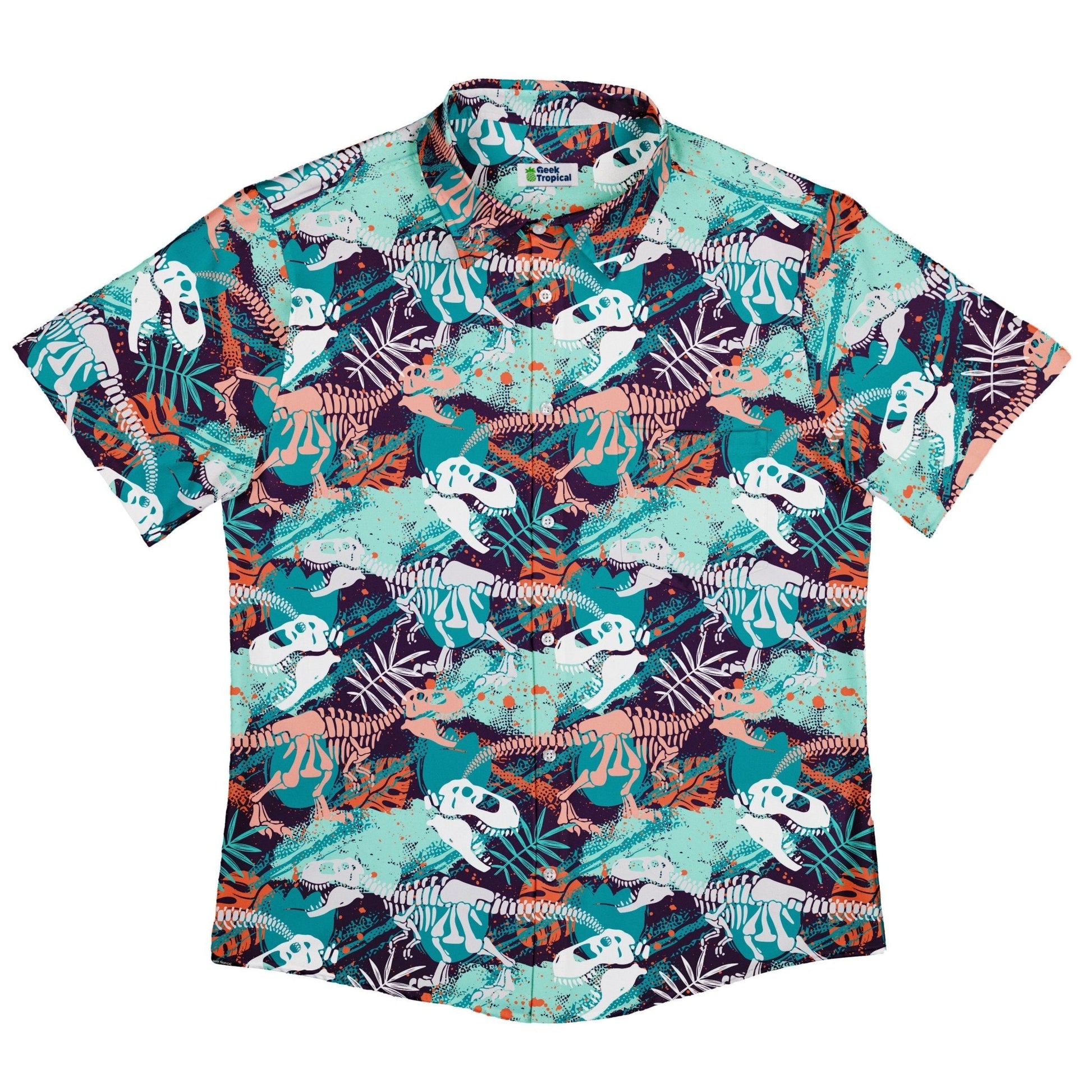 Ready-to-Ship T-Rex Bones Footprints Green Dinosaur Button Up Shirt - adult sizing - dinosaur print - Maximalist Patterns