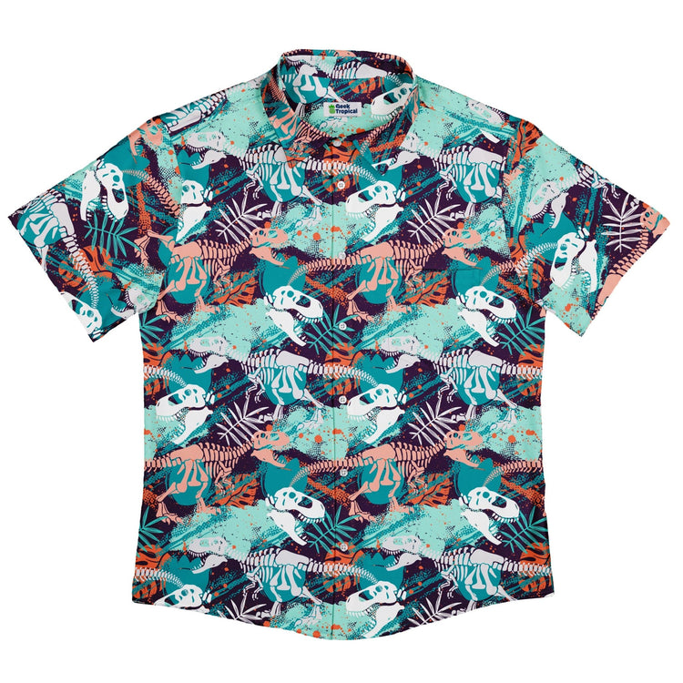 T-Rex Bones Footprints Green Dinosaur Button Up Shirt - adult sizing - dinosaur print - Maximalist Patterns