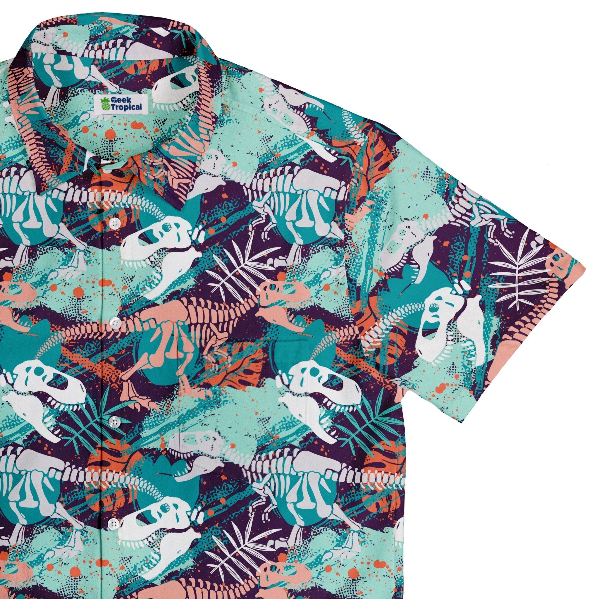 Ready-to-Ship T-Rex Bones Footprints Green Dinosaur Button Up Shirt - adult sizing - dinosaur print - Maximalist Patterns