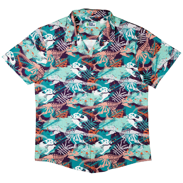 T-Rex Bones Footprints Green Dinosaur Button Up Shirt - adult sizing - dinosaur print - Maximalist Patterns