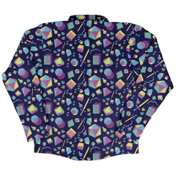 Tabletop RPG Weapons Items Purple Blue Dnd Long Sleeve Button Up Shirt Geek Nerd adult sizing dnd & rpg print FLOW DESC WRITING