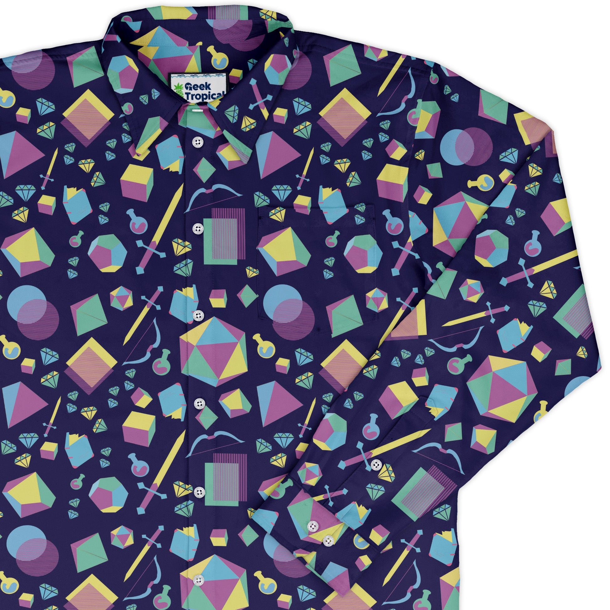 Tabletop RPG Weapons Items Purple Blue Dnd Long Sleeve Button Up Shirt