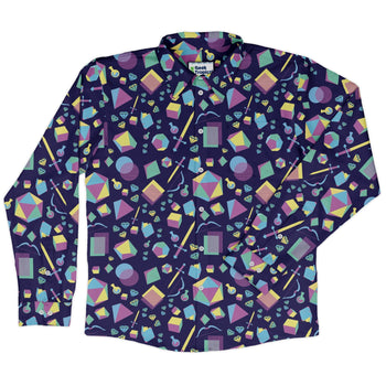 Tabletop RPG Weapons Items Purple Blue Dnd Long Sleeve Button Up Shirt Geek Nerd adult sizing dnd & rpg print FLOW DESC WRITING
