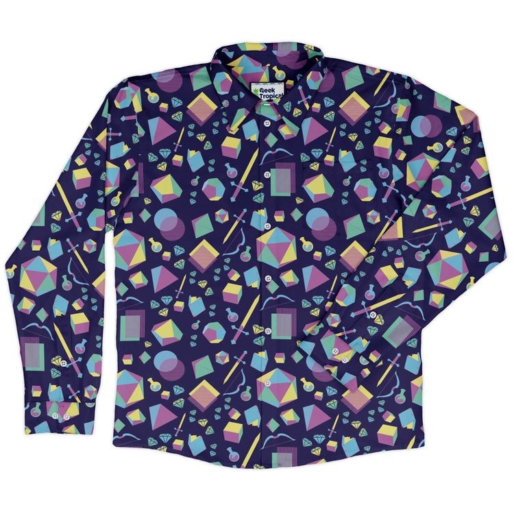 Tabletop RPG Weapons Items Purple Blue Dnd Long Sleeve Button Up Shirt Geek Nerd adult sizing dnd & rpg print FLOW DESC WRITING