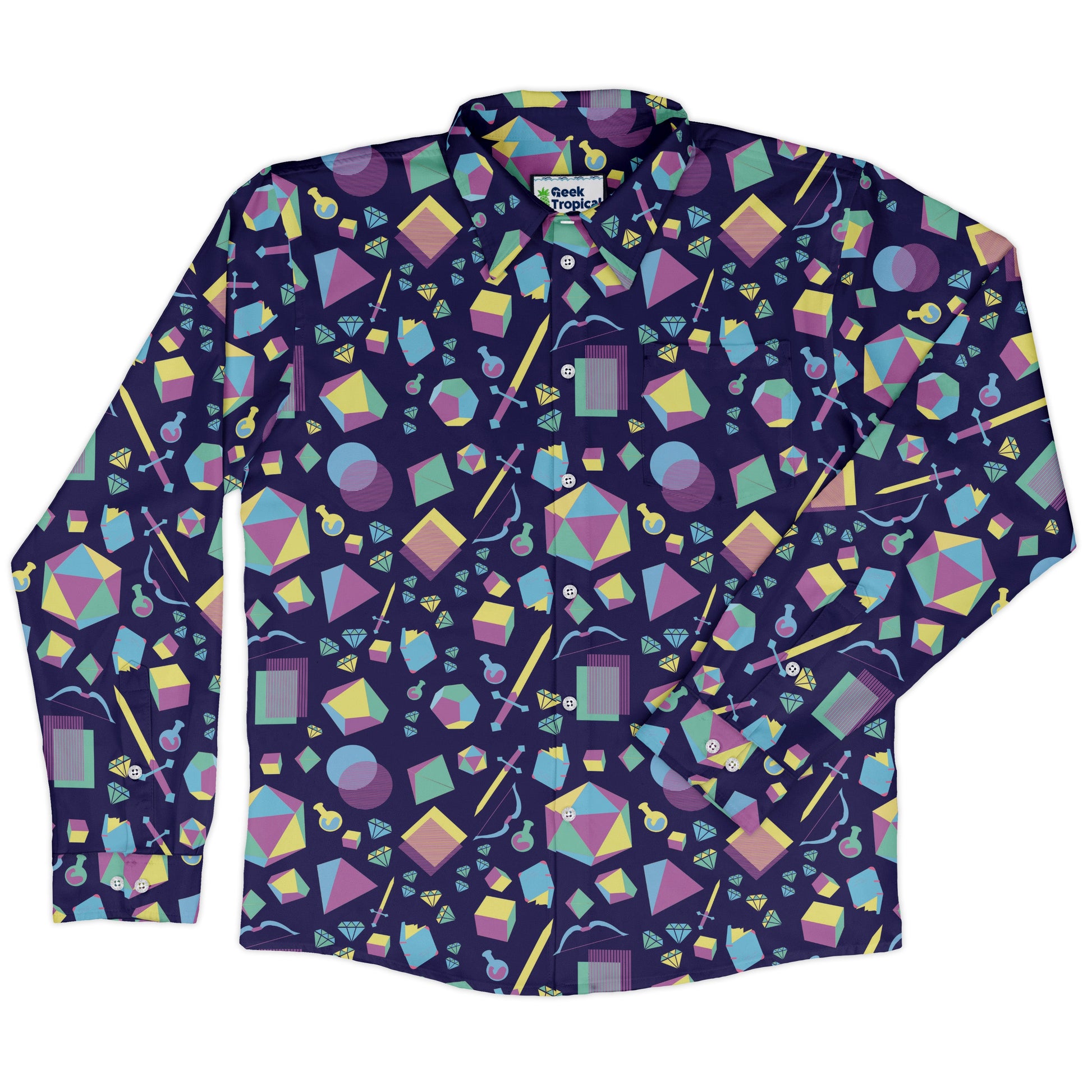 Tabletop RPG Weapons Items Purple Blue Dnd Long Sleeve Button Up Shirt