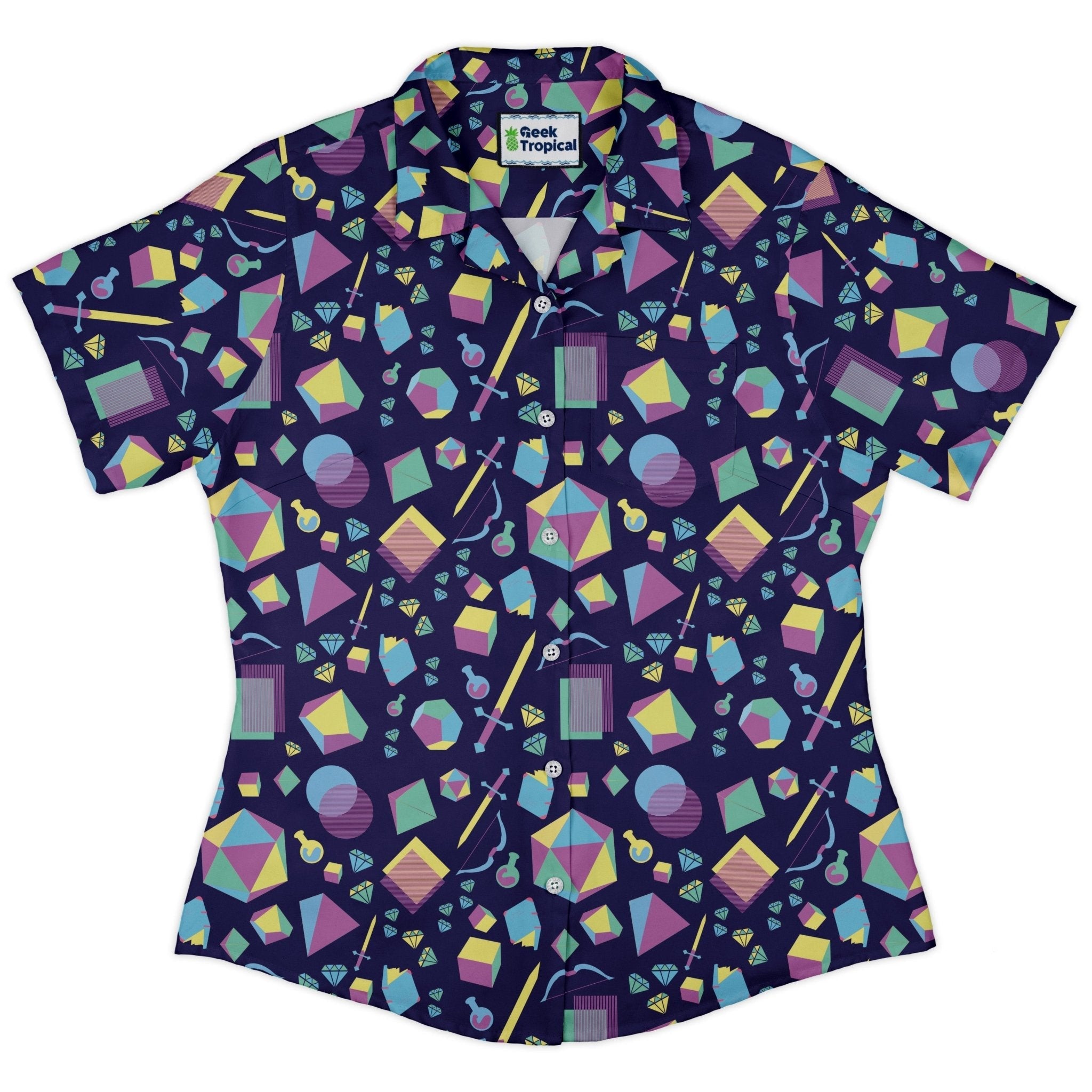 Clearance Ready - to - Ship Tabletop RPG Weapons Items Purple Blue Dnd Curvy Button Up Shirt Geek Nerd Clearance dnd & rpg print Maximalist Patterns
