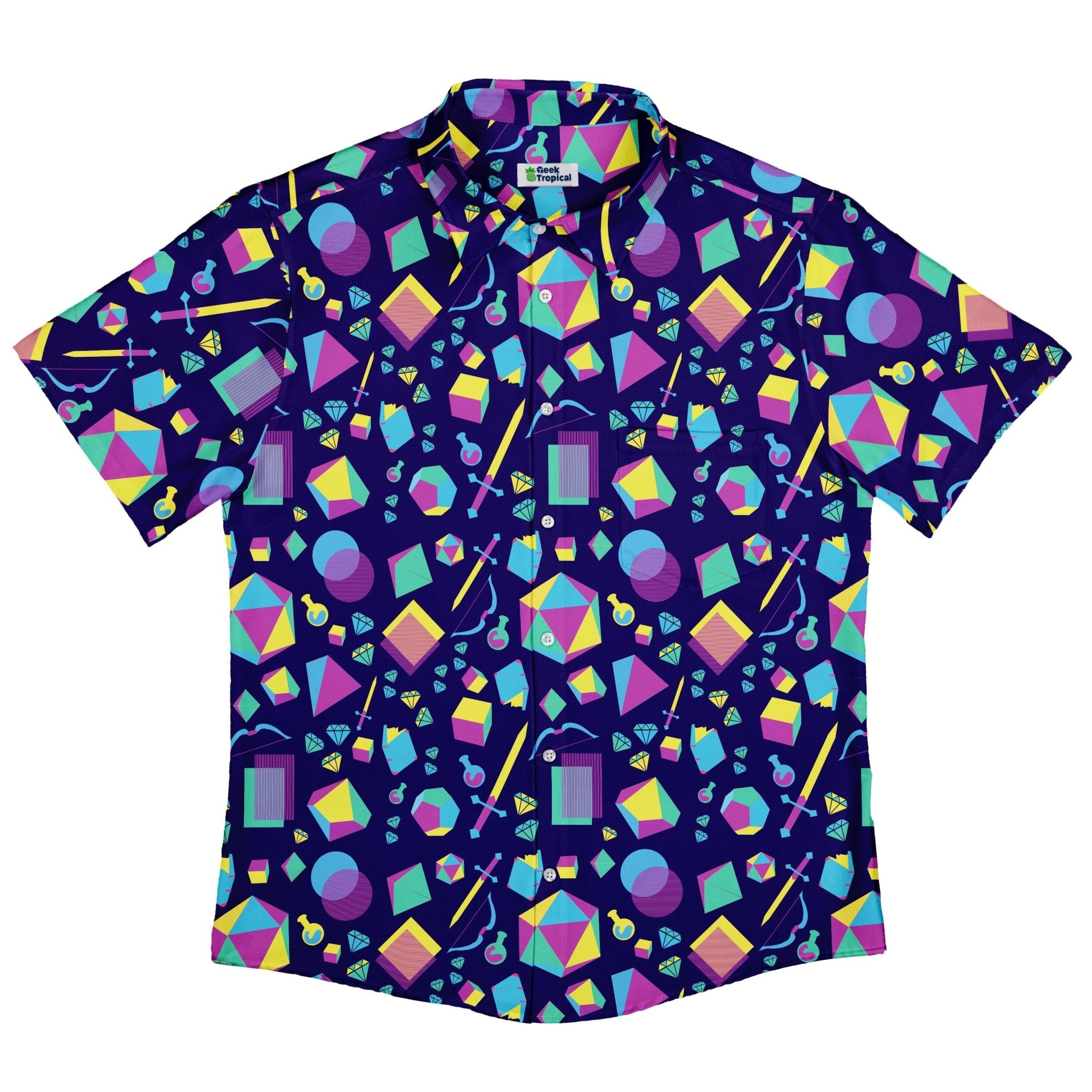 Tabletop RPG Weapons Items Purple Blue Dnd Button Up Shirt - adult sizing - dnd & rpg print - Maximalist Patterns