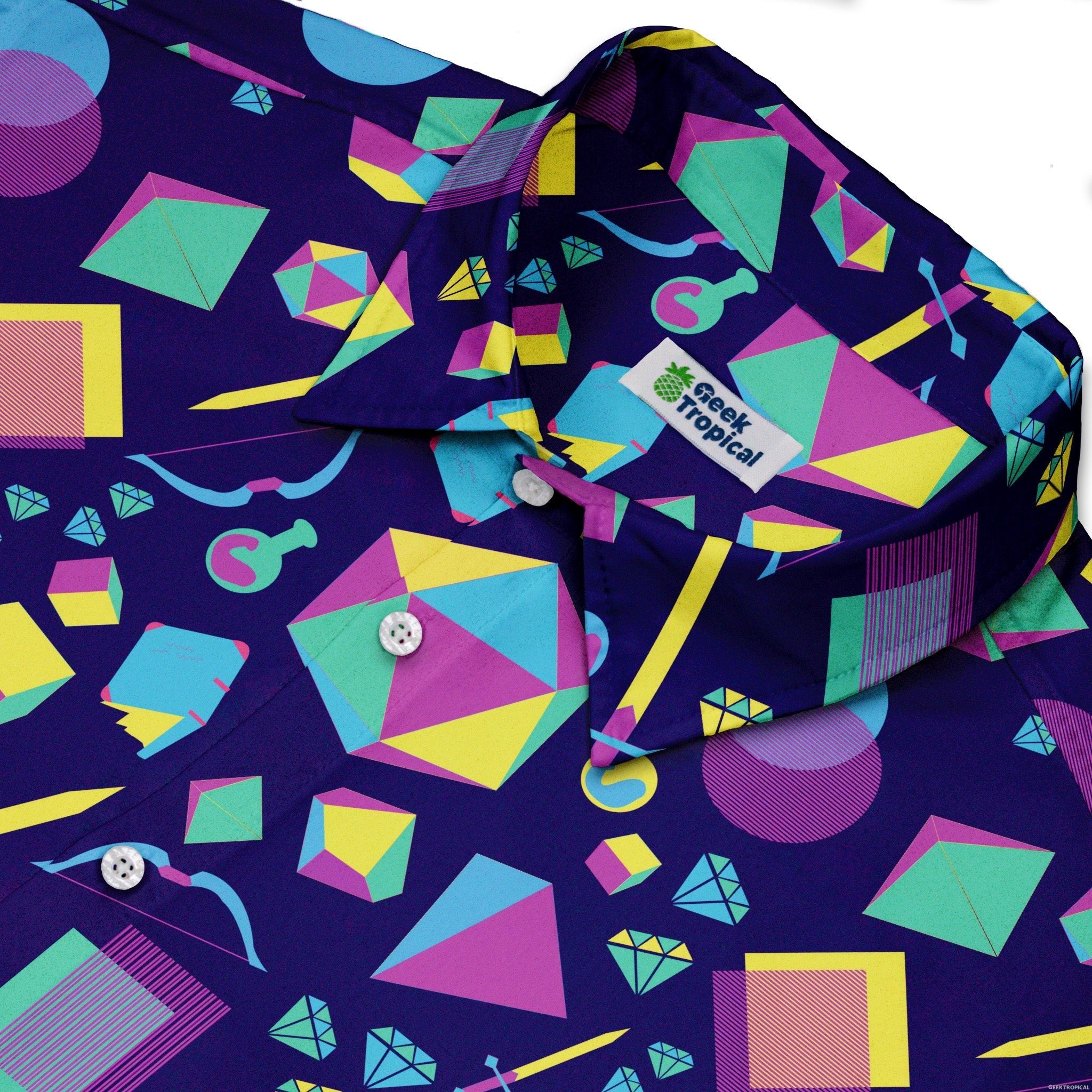 Tabletop RPG Weapons Items Purple Blue Dnd Button Up Shirt - adult sizing - dnd & rpg print - Maximalist Patterns