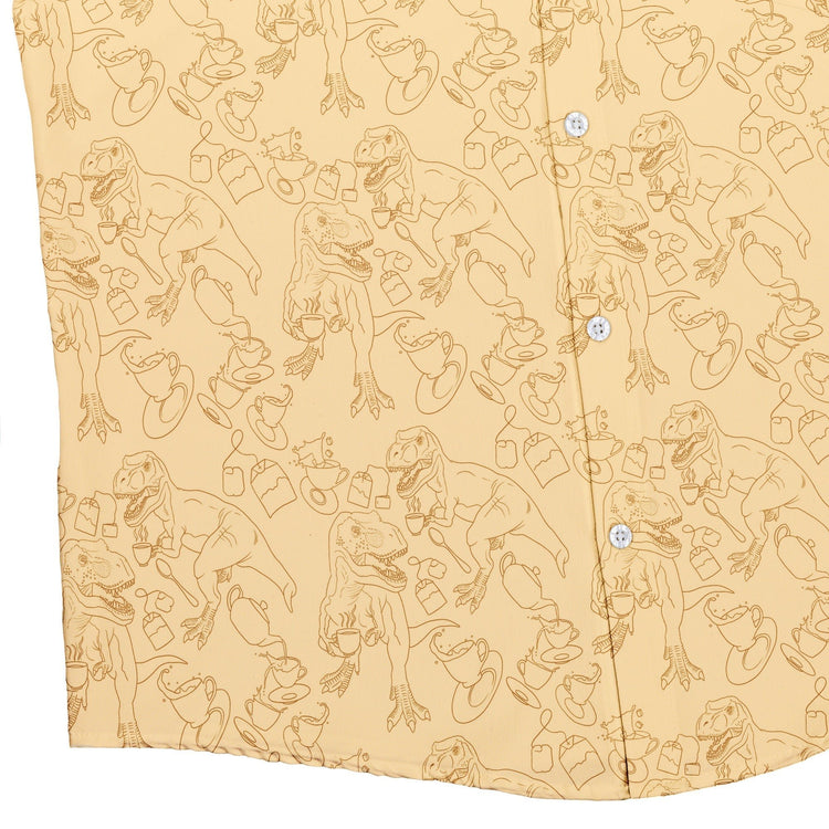 Tea Rex Button Up Shirt Geek Nerd adult sizing Design by Julie Kitzes dinosaur print