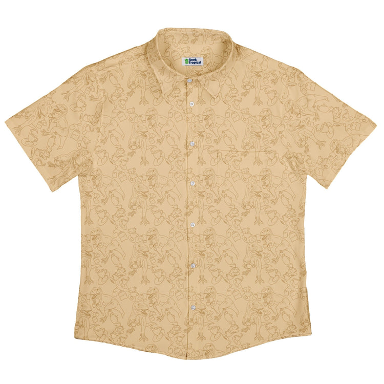 Tea Rex Button Up Shirt Geek Nerd adult sizing Design by Julie Kitzes dinosaur print