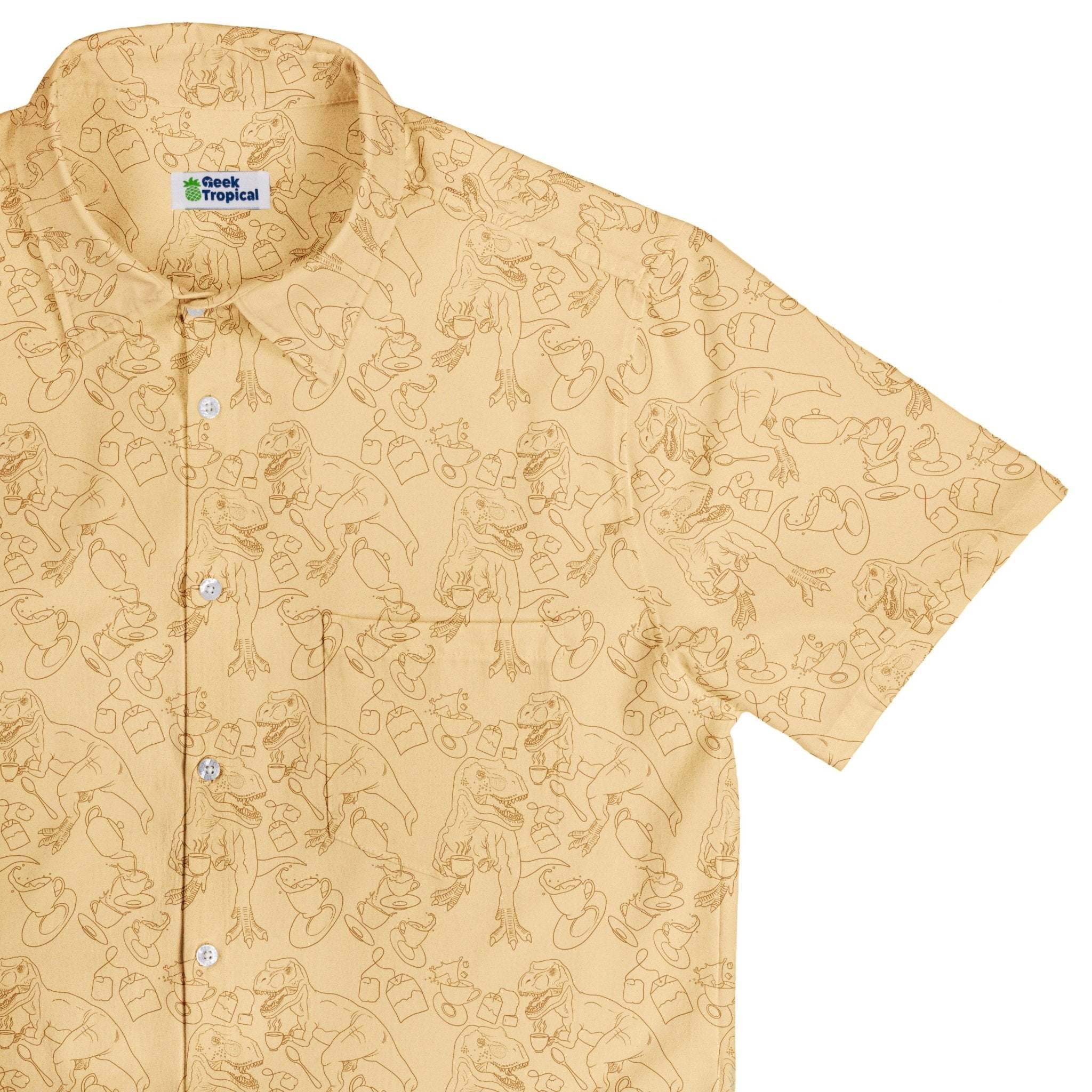 Tea Rex Button Up Shirt Geek Nerd adult sizing Design by Julie Kitzes dinosaur print