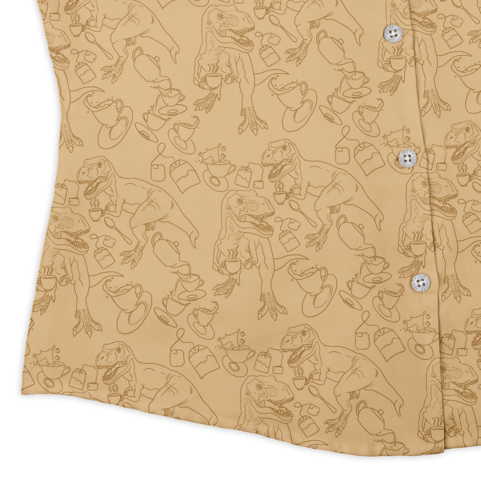 Tea Rex Curvy Button Up Shirt Geek Nerd Design by Julie Kitzes dinosaur print funny prints