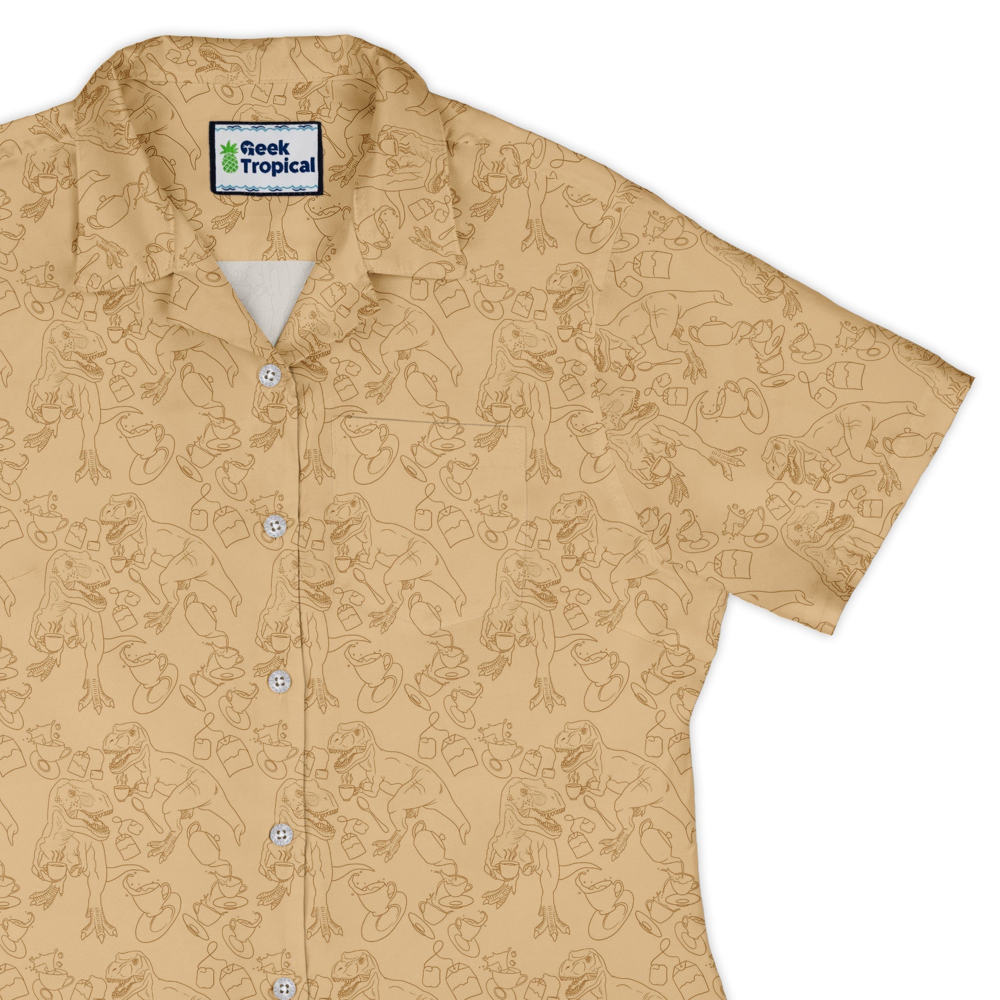 Tea Rex Curvy Button Up Shirt Geek Nerd Design by Julie Kitzes dinosaur print funny prints