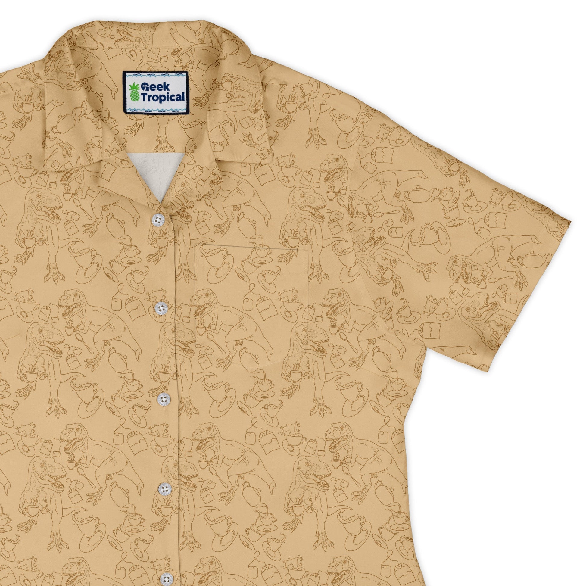 Tea Rex Curvy Button Up Shirt Geek Nerd Design by Julie Kitzes dinosaur print funny prints