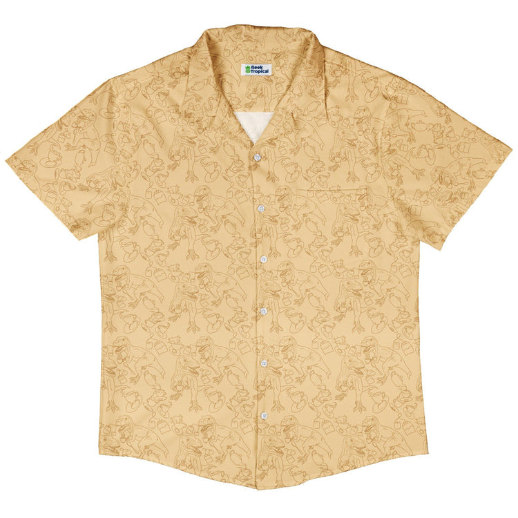 Tea Rex Button Up Shirt Geek Nerd adult sizing Design by Julie Kitzes dinosaur print