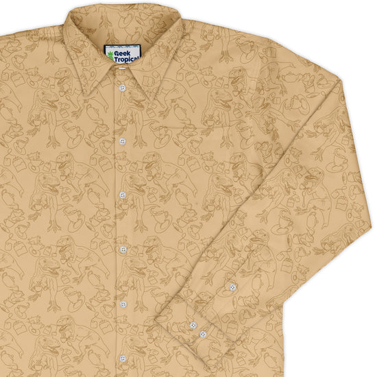 Tea Rex Long Sleeve Button Up Shirt Geek Nerd adult sizing Design by Julie Kitzes dinosaur print