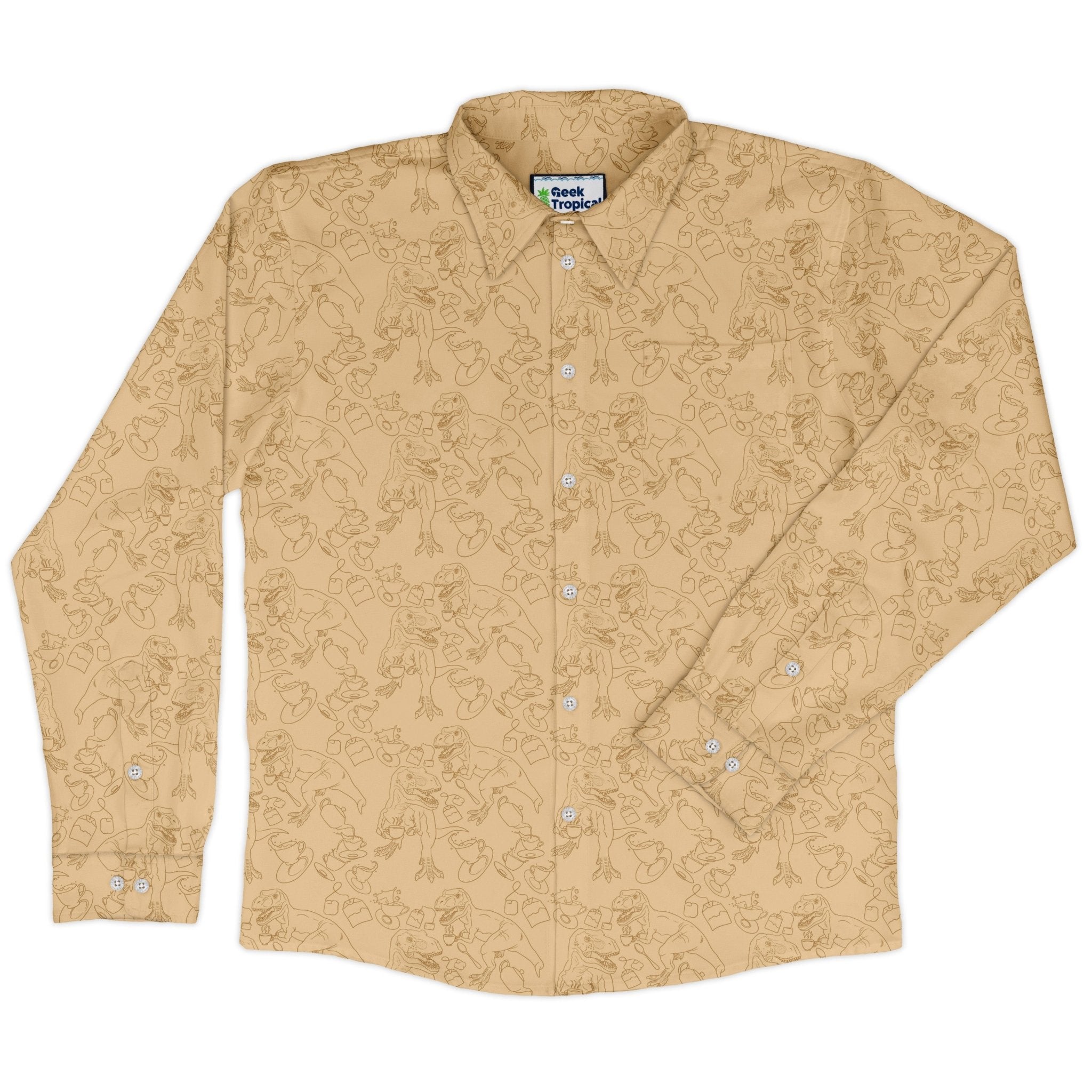 Tea Rex Long Sleeve Button Up Shirt Geek Nerd adult sizing Design by Julie Kitzes dinosaur print