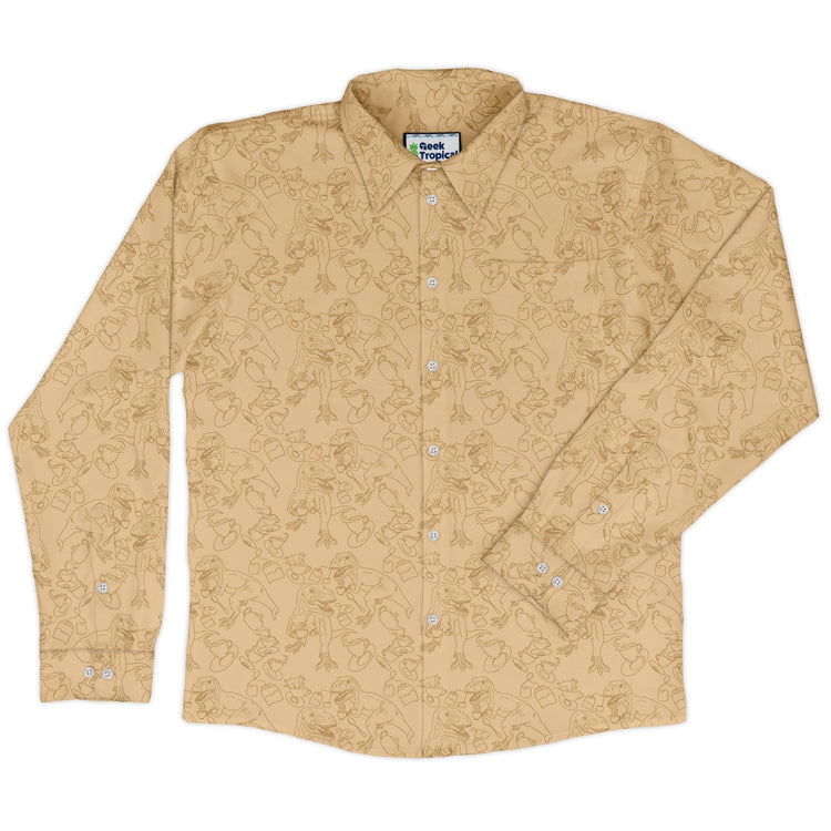 Tea Rex Long Sleeve Button Up Shirt Geek Nerd adult sizing Design by Julie Kitzes dinosaur print