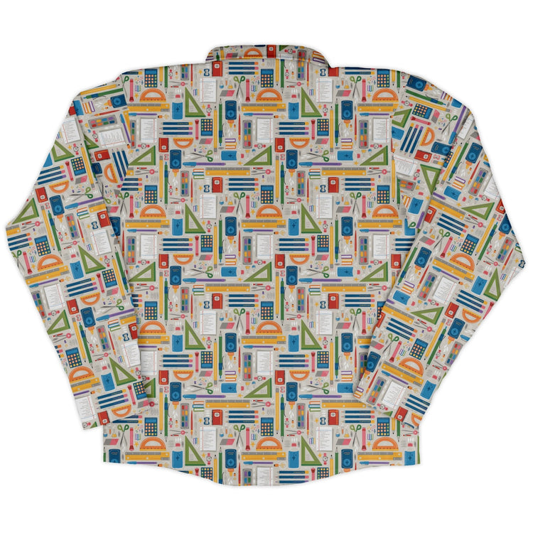 Teacher Student Supplies Long Sleeve Button Up Shirt Geek Nerd adult sizing Design by Zirkus Design FLOW DESC WRITING