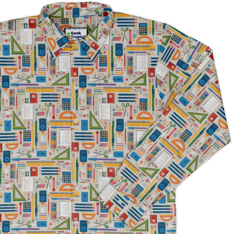 Teacher Student Supplies Long Sleeve Button Up Shirt Geek Nerd adult sizing Design by Zirkus Design FLOW DESC WRITING