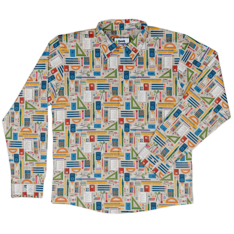 Teacher Student Supplies Long Sleeve Button Up Shirt Geek Nerd adult sizing Design by Zirkus Design FLOW DESC WRITING