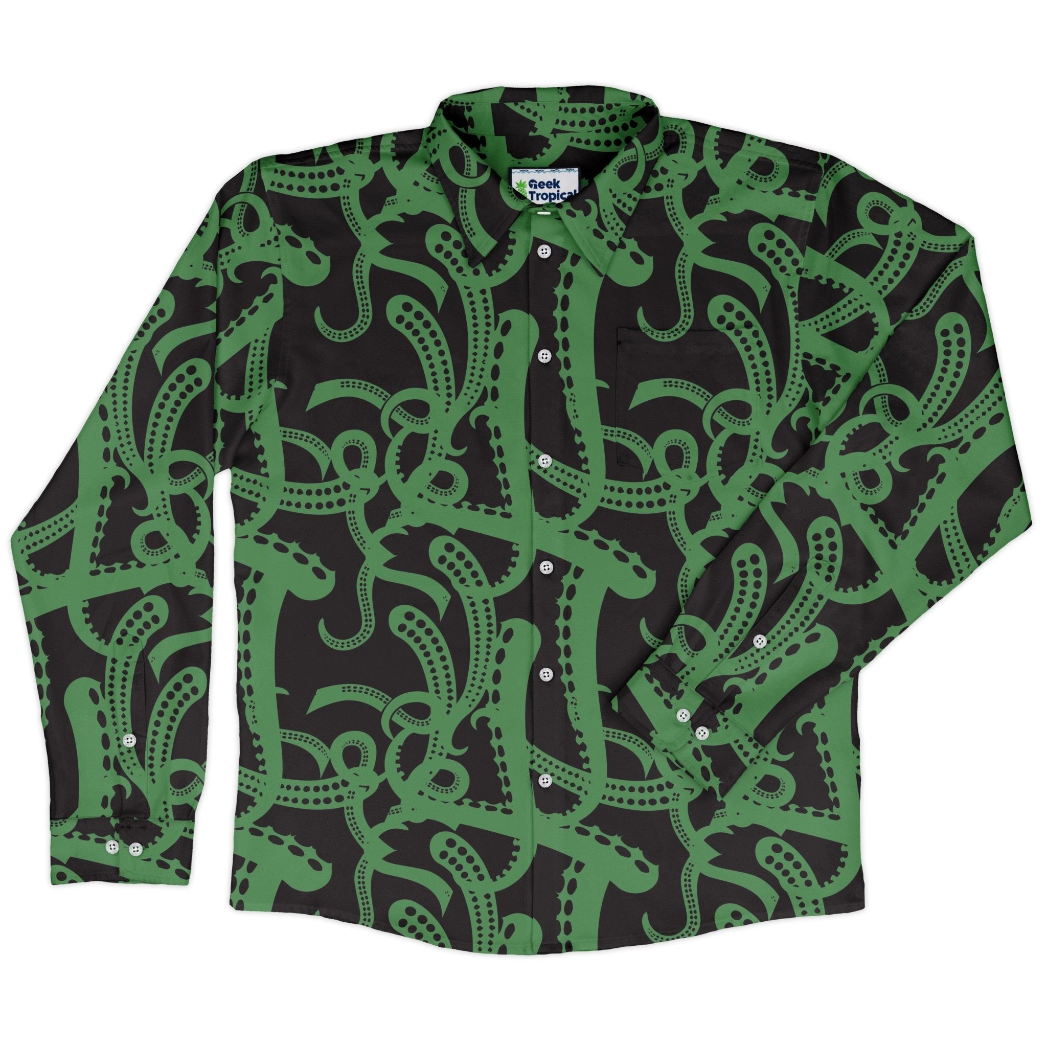 Tentacles of Cthulhu Green Long Sleeve Button Up Shirt Geek Nerd adult sizing Design by Heather Davenport Fantasy Prints